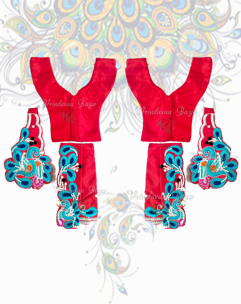 Red Gaur Nitai dress with peacock embroidery; Size 5 inch