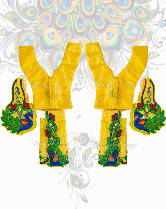 Yellow Gaur Nitai dress with multicolour peacock embroidery