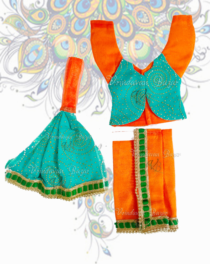 Orange/ Sky blue gaur nitai dress with dew drop work jacket shirt