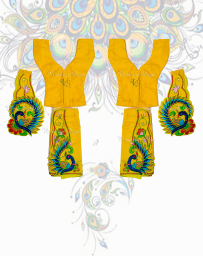 Yellow Gaur Nitai dress with dancing peacock embroidery