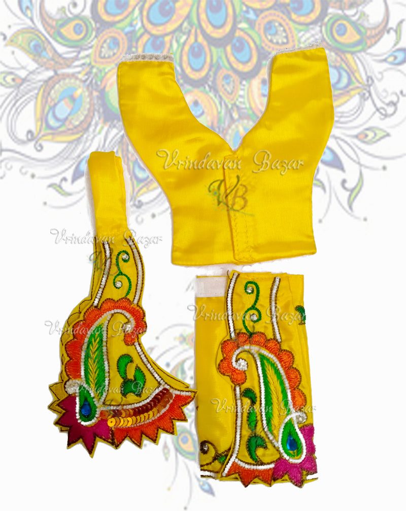 Yellow Gaur Nitai dress with paisley (mango motif) embroidery; Size 5 inch