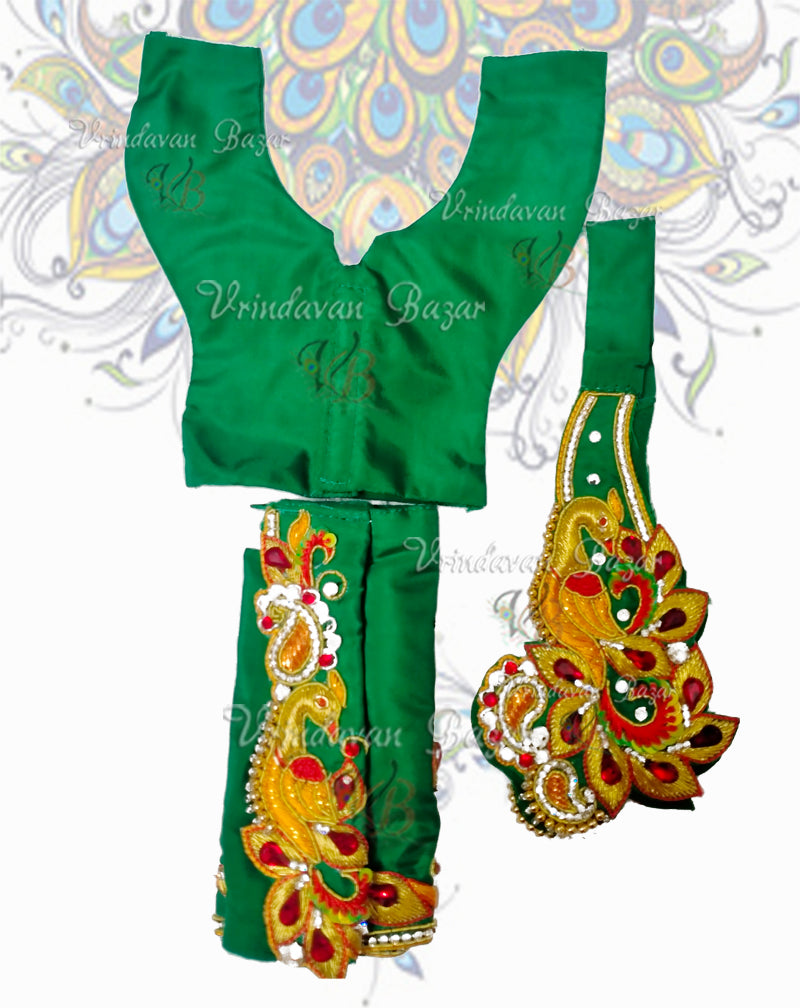 Green Gaur Nitai dress with golden peacock embroidery