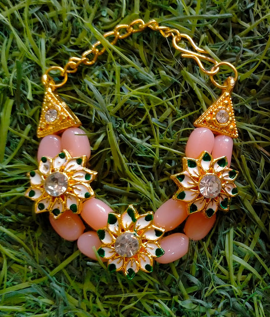 Peach beads with meena flower design necklace