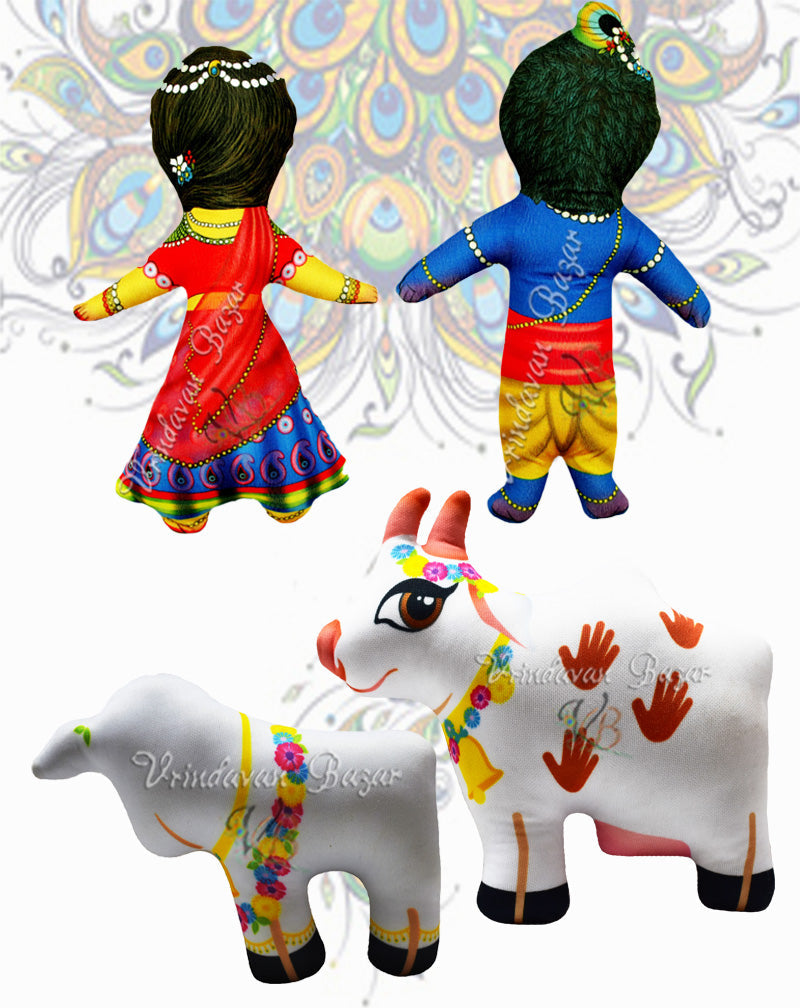Radha Krishna with cow calf soft toy ; height - 8 inch