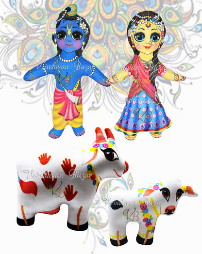 Radha Krishna with cow calf soft toy ; height - 8 inch