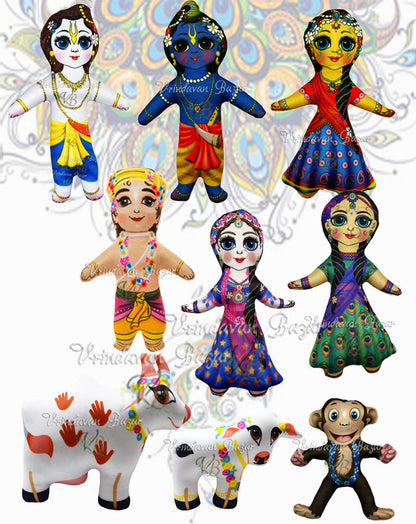 Radha Krishna,Balram,Cow and Calf Vraj Monkey,Lalita Vishakha, Madhumangal soft toy ; height - 8 inch