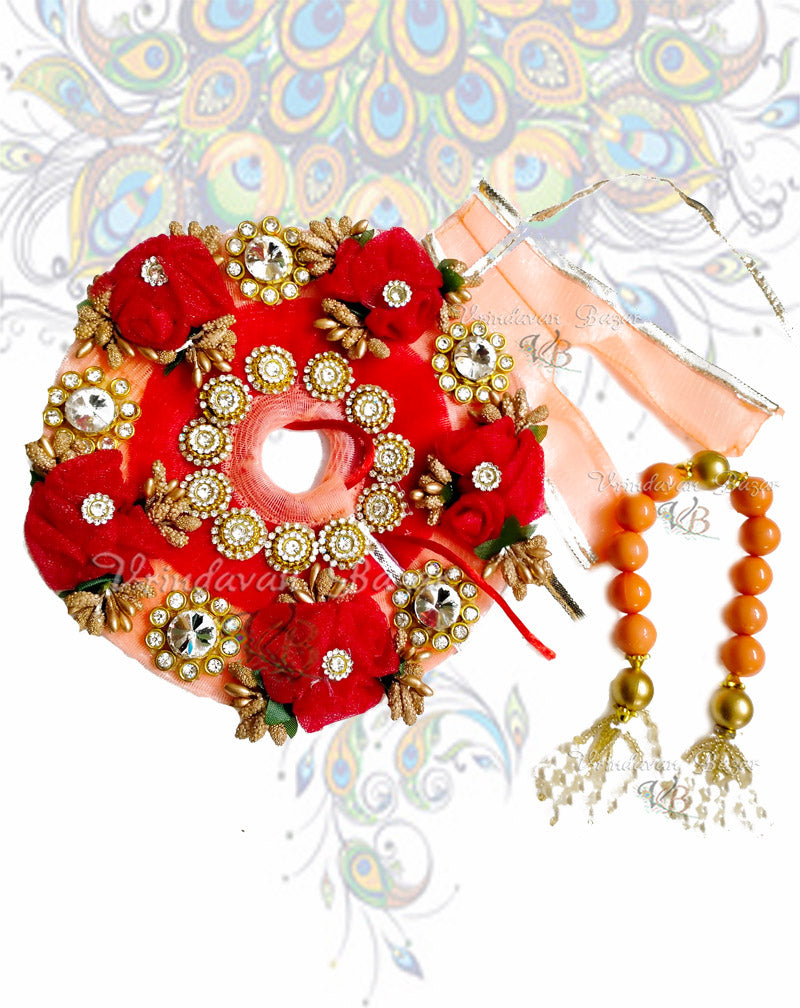 Peach laddu gopal dress with red ribbon flowers