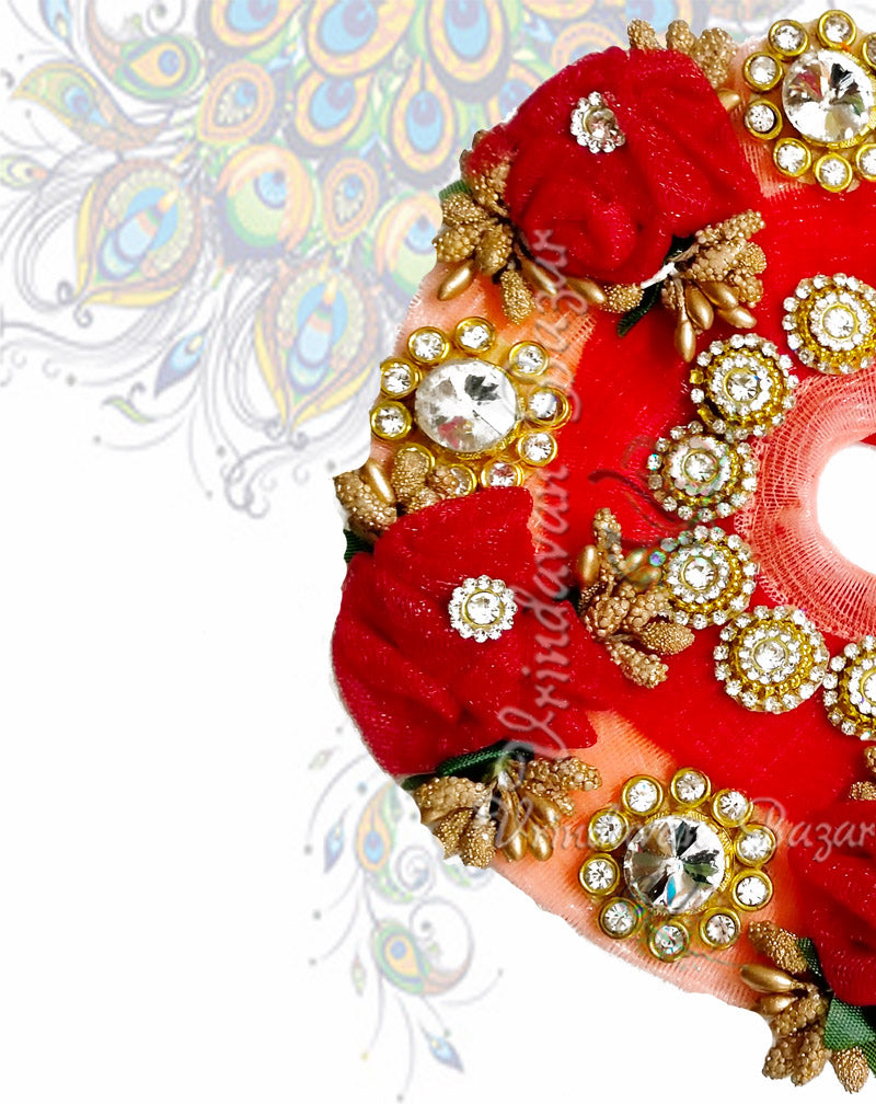 Peach laddu gopal dress with red ribbon flowers