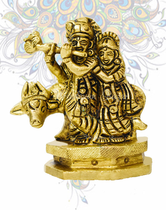 Brass Radha Krishna Idol Sculpture with Cow