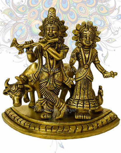 Brass Radha Krishna with Cow and Peacock