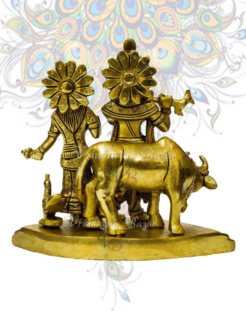 Brass Radha Krishna with Cow and Peacock