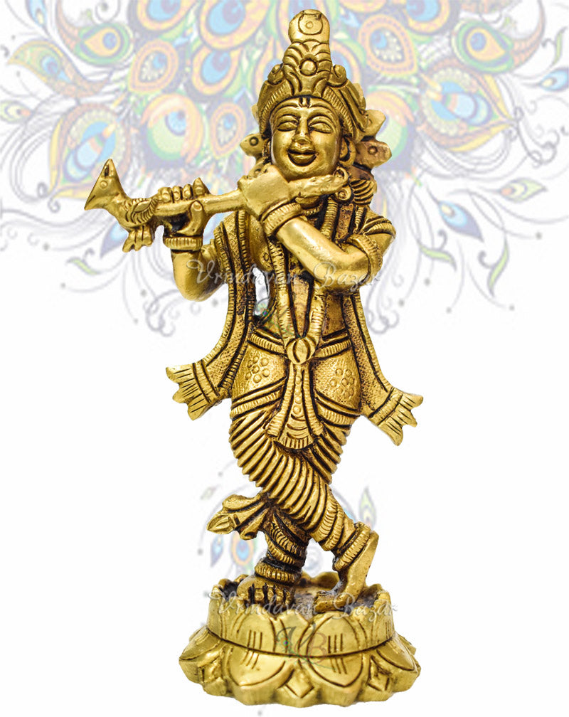 Krishna idol standing & playing flute on lotus base