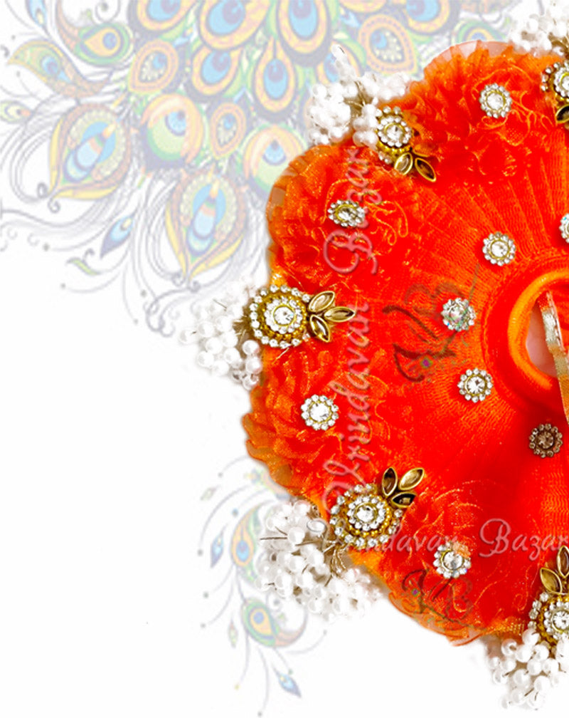 Orange with ribbon flower on border with pearl ticklers zari laddu gopal dress