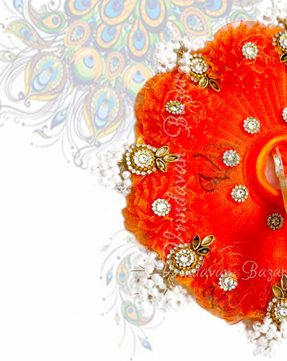 Orange with ribbon flower on border with pearl ticklers zari laddu gopal dress