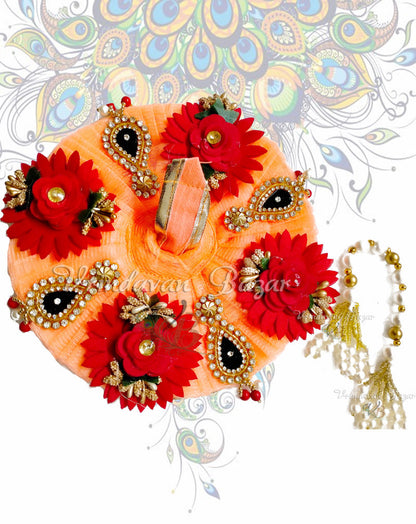 Peach zari laddu gopal dress with blooming red flowers