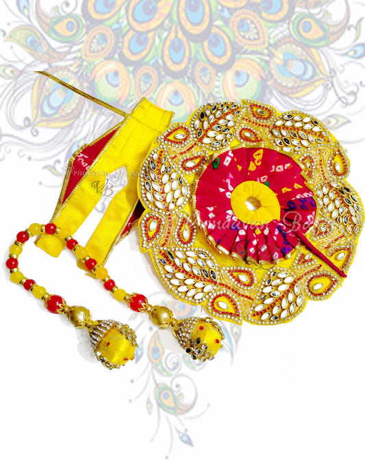 Yellow and red bandej with kundanwork leaves zari laddu gopal dress