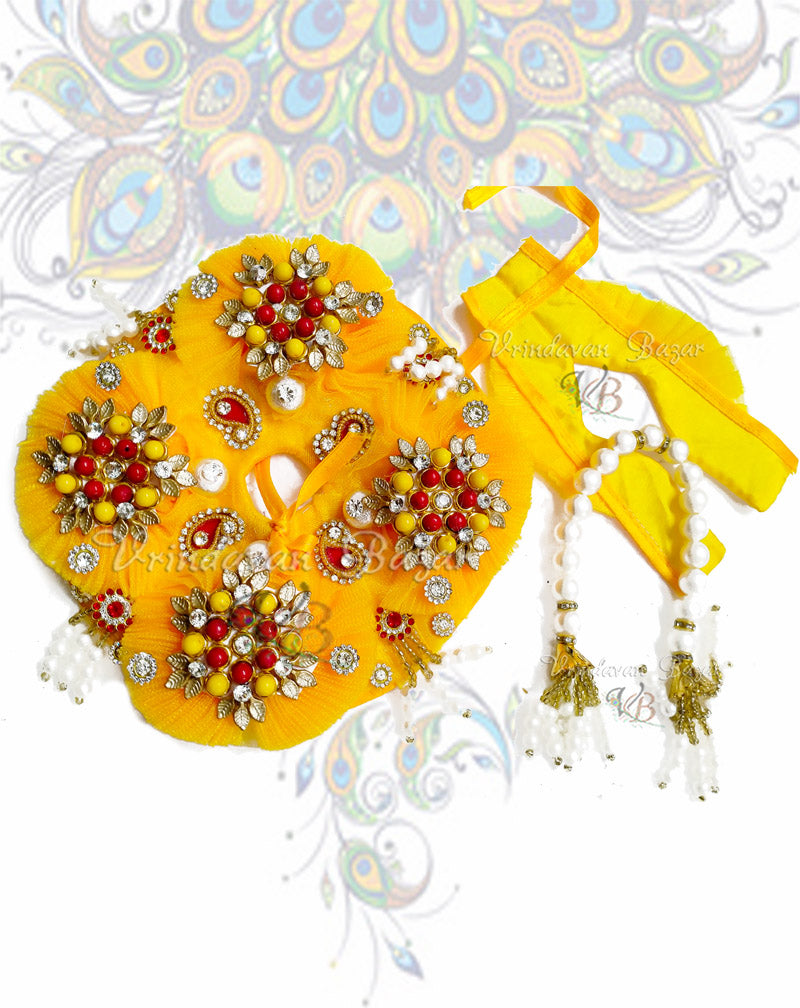 Yellow with red bead/ stone flowers design laddu gopal dress