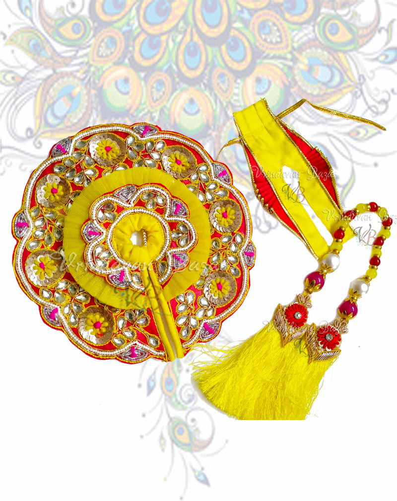 Red and yellow double layer zari work laddu gopal dress with sequins flowers