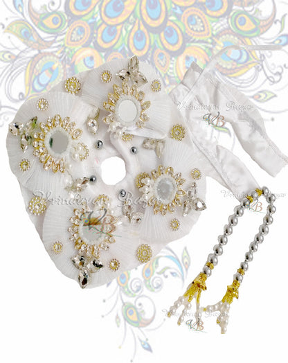 White ribbon flower with mirrors and stones zari laddu gopal dress